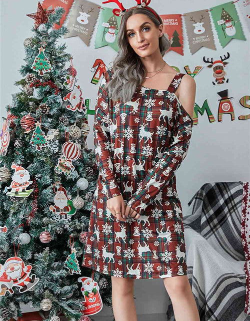 Load image into Gallery viewer, Christmas Asymmetrical Neck Long Sleeve Dress
