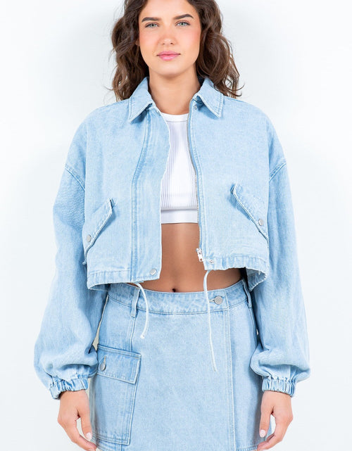 Load image into Gallery viewer, American Bazi Drawstring Waist Crop Denim Jacket
