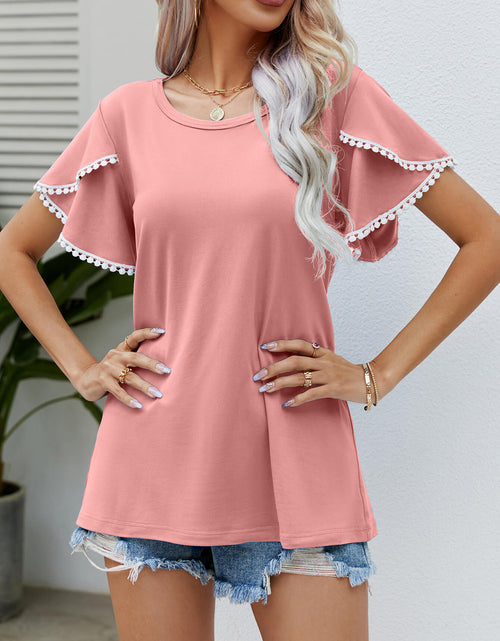 Load image into Gallery viewer, Pom-Pom Trim Flutter Sleeve Round Neck Tee
