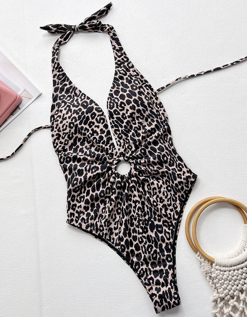 Load image into Gallery viewer, Leopard Halter Neck Ring Detail One-Piece Swimsuit
