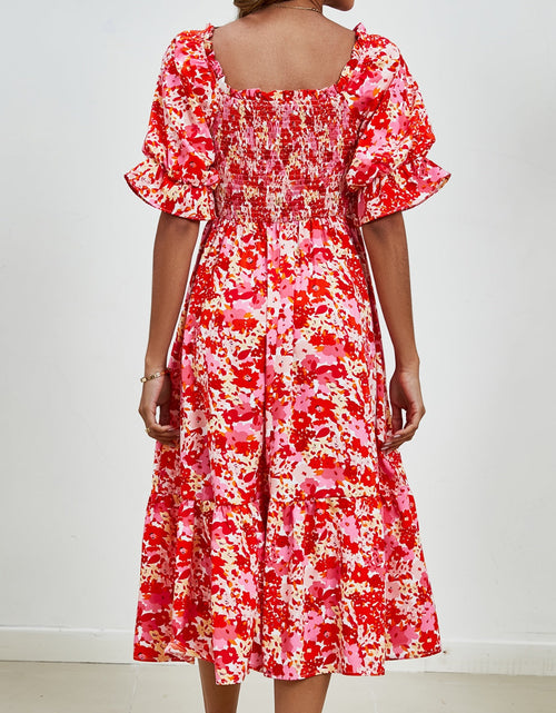 Load image into Gallery viewer, Smocked Floral Square Neck Short Sleeve Dress
