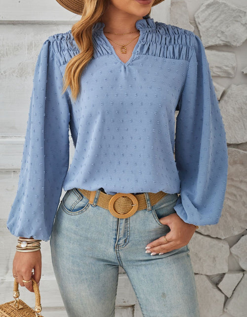 Load image into Gallery viewer, Ruched Swiss Dot Notched Balloon Sleeve T-Shirt
