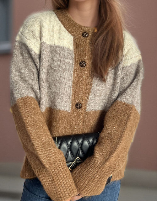 Load image into Gallery viewer, Color Block Round Neck Button Up Cardigan

