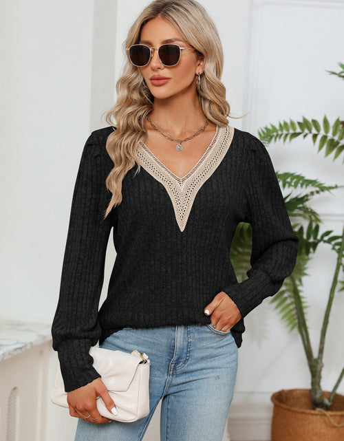 Load image into Gallery viewer, Lace Detail V-Neck Ribbed Blouse
