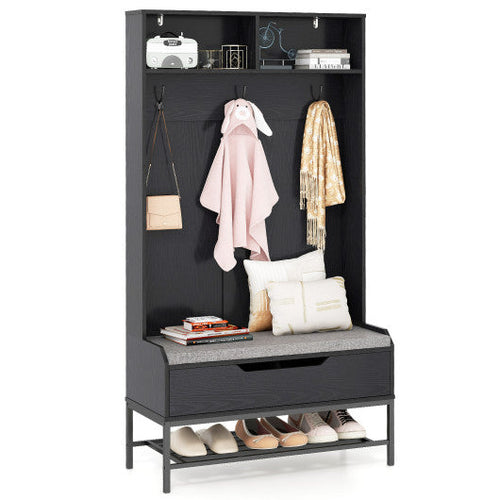 Load image into Gallery viewer, 69 Inches Tall Hall Tree 4-in-1 Coat Rack with Seat Cushion and Shoe Storage-Black
