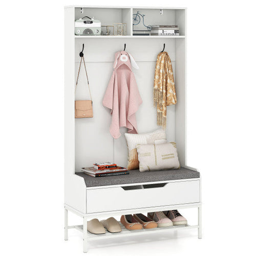 Load image into Gallery viewer, 69 Inches Tall Hall Tree 4-in-1 Coat Rack with Seat Cushion and Shoe Storage-White
