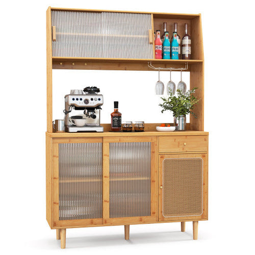 Load image into Gallery viewer, 69 Inch Wine Bar Kitchen Cabinet with Sliding Tempered Glass and Rattan Door-Natural
