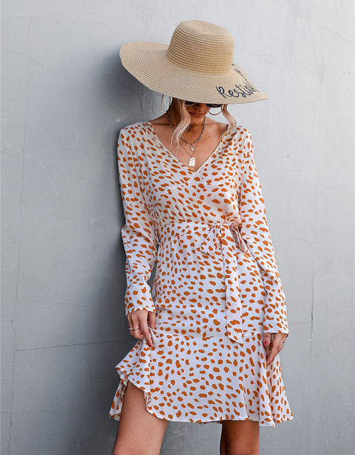 Load image into Gallery viewer, Printed V-Neck Tie Belt Ruffle Hem Mini Dress
