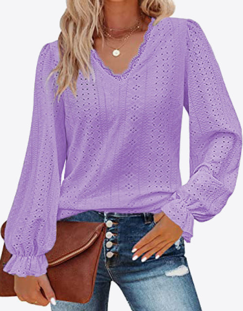 Load image into Gallery viewer, Eyelet V-Neck Flounce Sleeve Blouse
