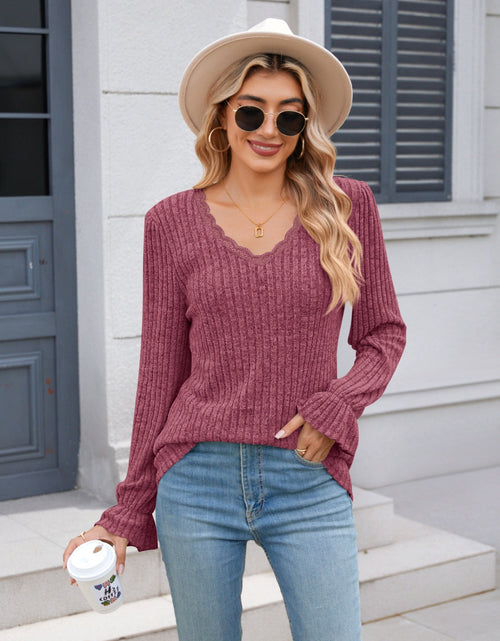 Load image into Gallery viewer, Lace Detail V-Neck Long Sleeve T-Shirt
