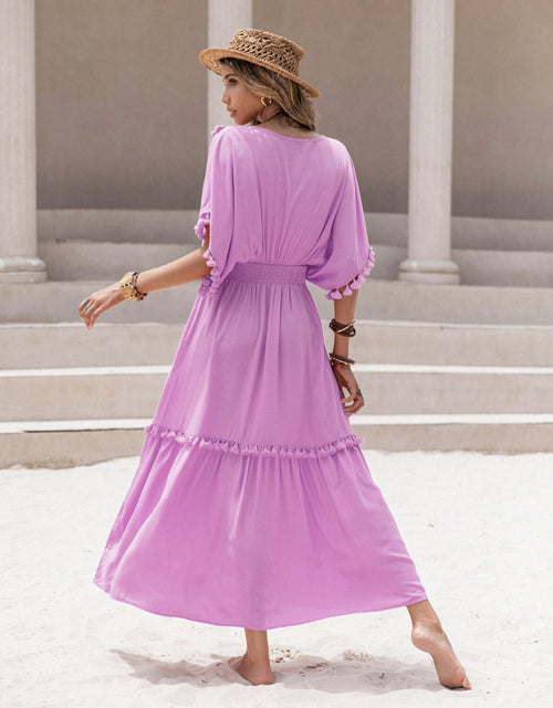 Load image into Gallery viewer, Tassel Trim Smocked V-Neck Short Sleeve Dress
