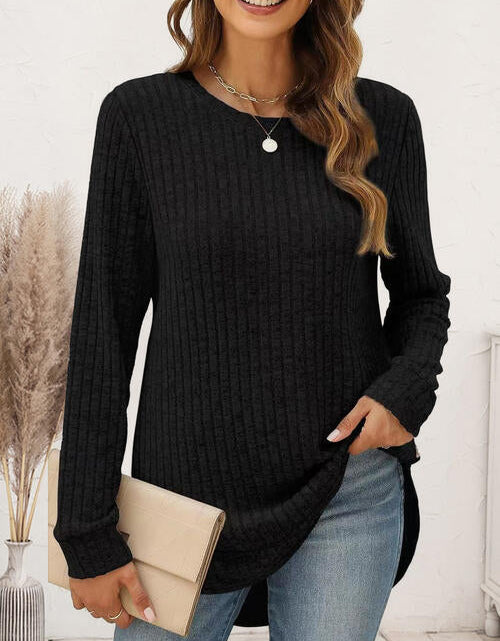 Load image into Gallery viewer, Ribbed Round Neck Long Sleeve T-Shirt
