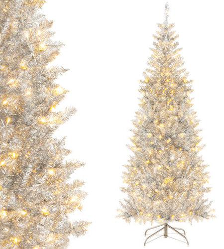 6/7 FT Pre-Lit Artificial Silver Tinsel Xmas Tree with 790 Branch Tips and 300 LED Lights-6 ft
