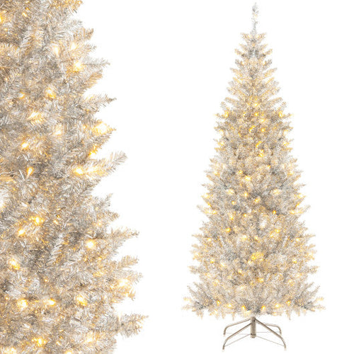 Load image into Gallery viewer, 6/7 FT Pre-Lit Artificial Silver Tinsel Xmas Tree with 790 Branch Tips and 300 LED Lights-6 ft
