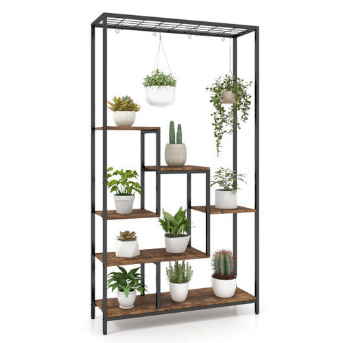 Load image into Gallery viewer, 6-Tier Tall Plant Stand 71 Inch Metal Indoor Plant Shelf with 10 Hanging Hooks-Rustic Brown
