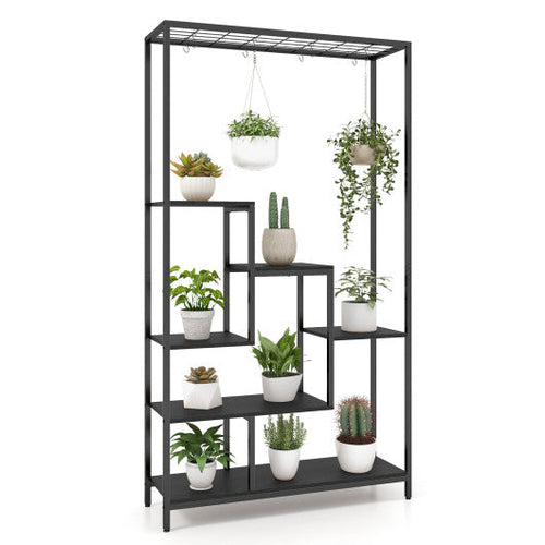 Load image into Gallery viewer, 6-Tier Tall Plant Stand 71 Inch Metal Indoor Plant Shelf with 10 Hanging Hooks-Black
