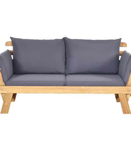 Patio Convertible Solid Wood Sofa with Cushion