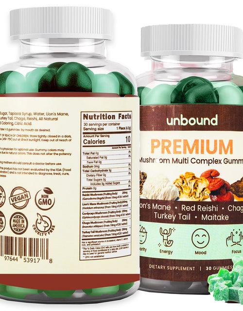 Load image into Gallery viewer, Premium Organic Mushroom Multi-Complex Gummies 5 in 1, Chaga, Lion's Mane, Reishi, Turkey Tail, Maitake by Live Unbound
