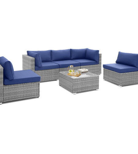 6 Piece Patio Conversation Sofa Set with Tempered Glass Coffee Table-Navy