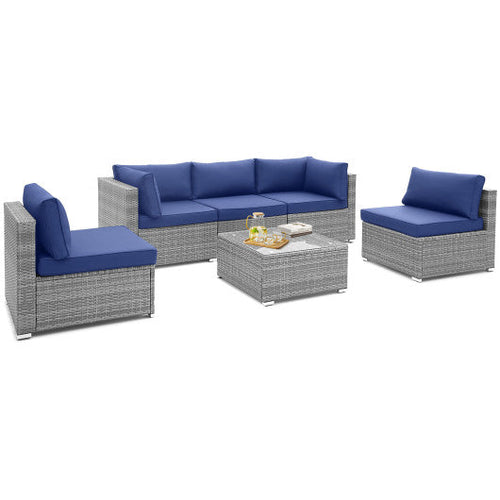 Load image into Gallery viewer, 6 Piece Patio Conversation Sofa Set with Tempered Glass Coffee Table-Navy
