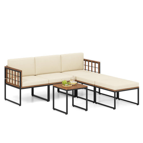 Load image into Gallery viewer, 6 Pieces Acacia Wood Patio Furniture Set with Coffee Table and Ottomans-Beige
