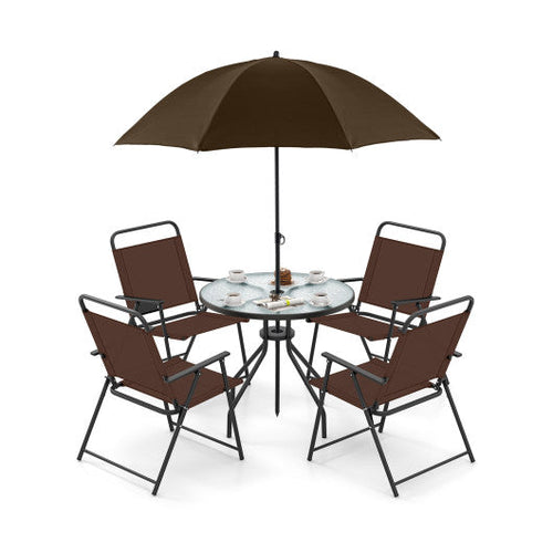 Load image into Gallery viewer, 6 Pieces Patio Dining Set Folding Chairs Glass Table Tilt Umbrella for Garden-Coffee
