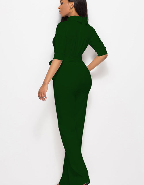Load image into Gallery viewer, Mock Neck Tie-Waist Half Sleeve Jumpsuit
