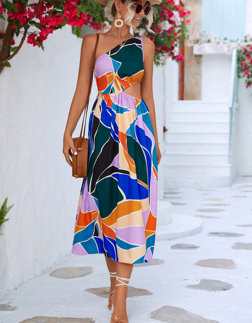 Load image into Gallery viewer, Printed Cutout One-Shoulder Sleeveless Dress
