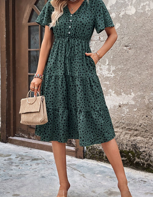 Load image into Gallery viewer, Perfee Printed Buttoned V-Neck Flutter Sleeve Dress
