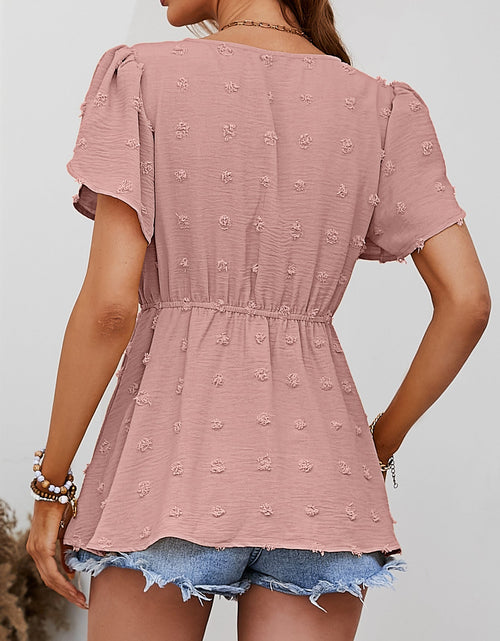 Load image into Gallery viewer, Swiss Dot Buttoned Petal Sleeve Peplum Blouse
