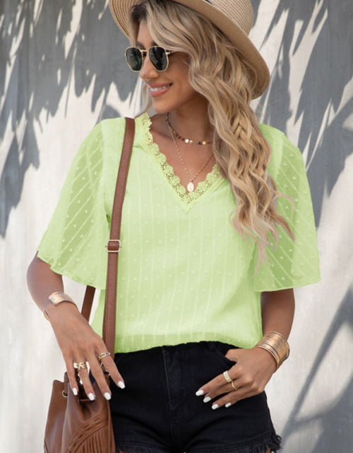 Load image into Gallery viewer, Shiny Swiss Dot Lace Trim Flutter Sleeve V-Neck Blouse
