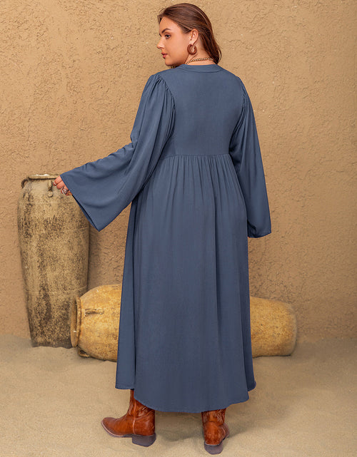 Load image into Gallery viewer, Plus Size Lace Detail Notched Long Sleeve Midi Dress
