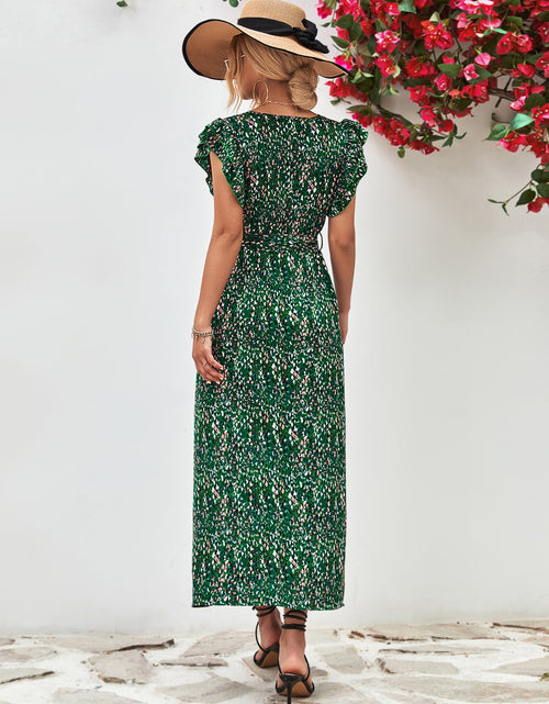Load image into Gallery viewer, Printed Surplice Neck Flutter Sleeve Slit Dress
