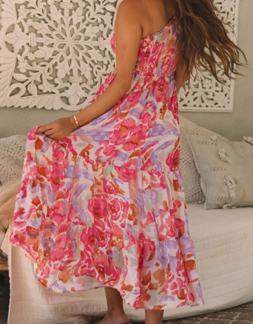 Load image into Gallery viewer, Floral Print Shirred One Shoulder Maxi Dress
