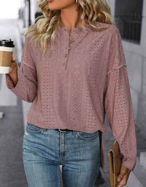 Load image into Gallery viewer, Perfee Eyelet Round Neck Long Sleeve Top
