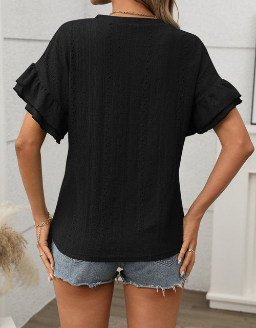 Load image into Gallery viewer, Eyelet Round Neck Flounce Sleeve Top
