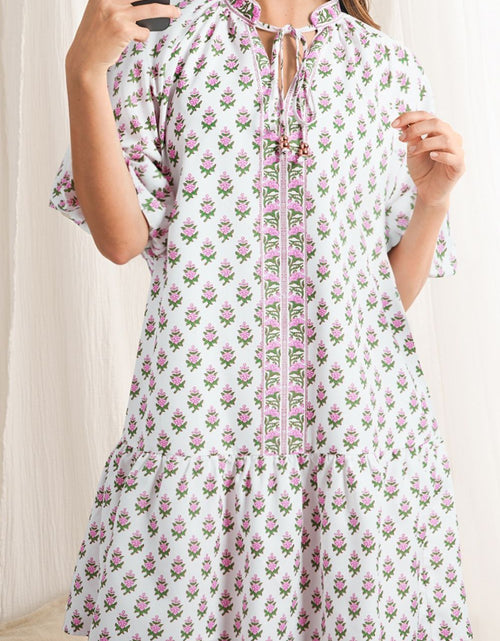 Load image into Gallery viewer, Floral Print Puff Sleeve Tie Neck Ruffled Hem Dress
