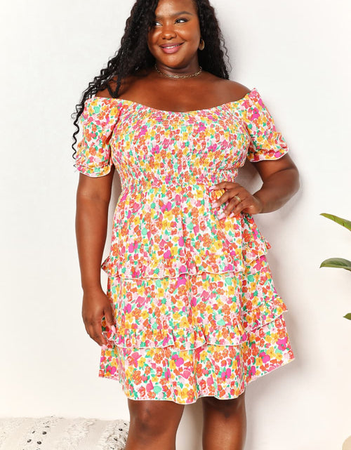 Load image into Gallery viewer, Devine Smocked Sweetheart Neck Flounce Sleeve Mini Dress
