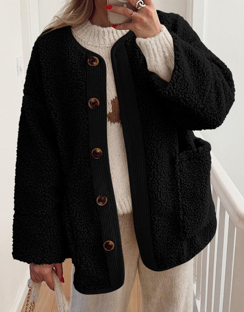 Load image into Gallery viewer, Contrast Button Up Sherpa Jacket with Pockets
