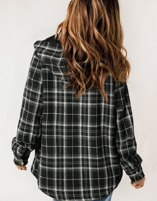 Load image into Gallery viewer, Plaid Button Up Long Sleeve Hooded Jacket
