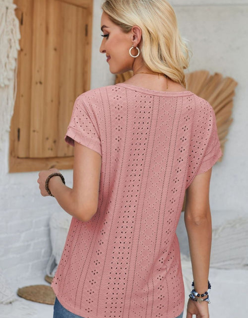 Load image into Gallery viewer, Eyelet Round Neck Rolled Short Sleeve T-Shirt
