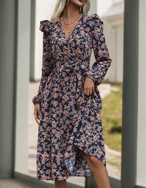 Load image into Gallery viewer, Perfee Printed Surplice Long Sleeve Midi Dress
