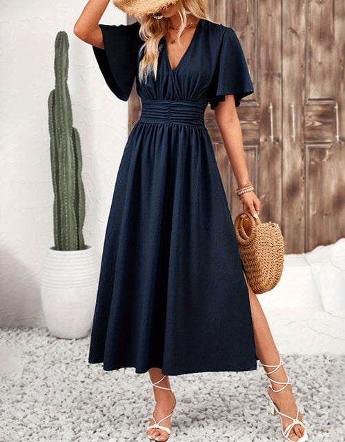Load image into Gallery viewer, Side Slit Surplice Flutter Sleeve Midi Dress
