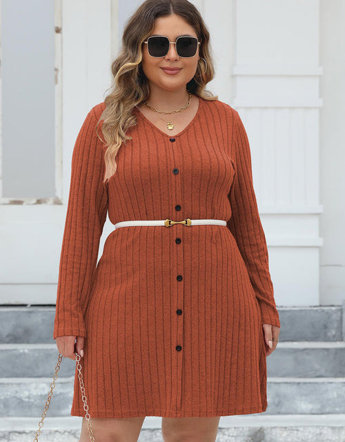 Load image into Gallery viewer, Plus Size Ribbed Buttoned V-Neck Long Sleeve Dress
