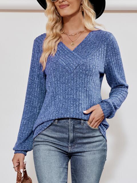 Load image into Gallery viewer, V-Neck Ribbed Long Sleeve Top
