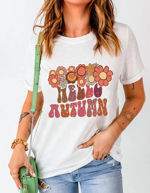 Load image into Gallery viewer, Flower &amp; Letter Graphic Round Neck Short Sleeve T-Shirt
