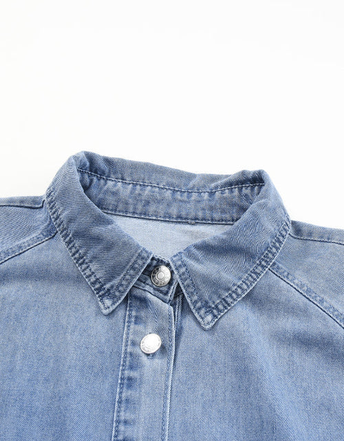 Load image into Gallery viewer, Distressed Collared Neck Flounce Sleeve Denim Dress
