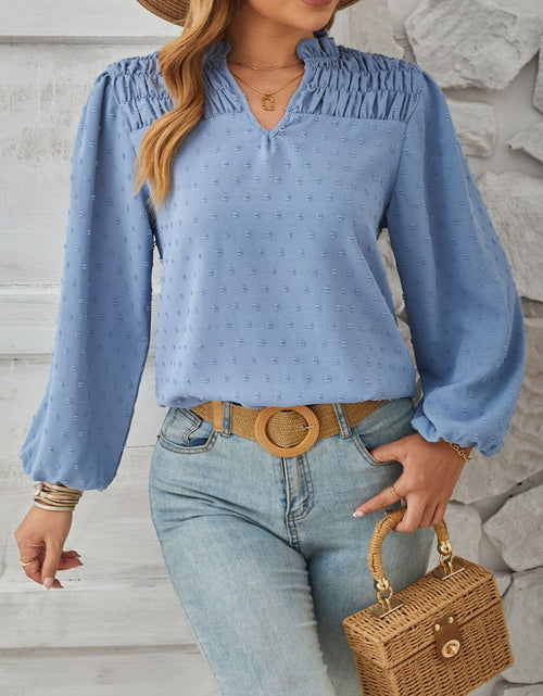 Load image into Gallery viewer, Ruched Swiss Dot Notched Balloon Sleeve T-Shirt
