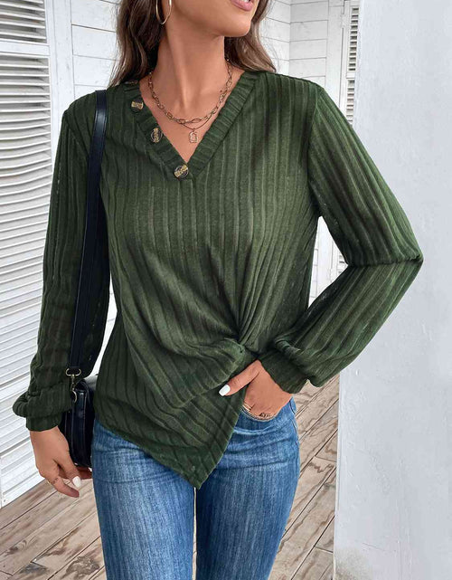Load image into Gallery viewer, Twisted V-Neck Buttoned Long Sleeve T-Shirt

