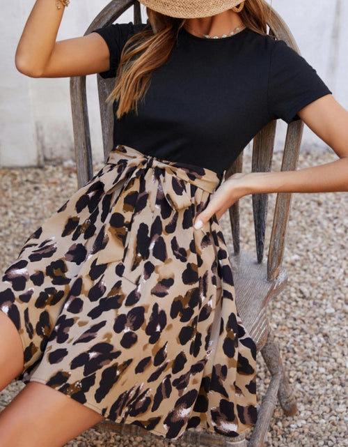 Load image into Gallery viewer, Tied Front Contrast Leopard Short Sleeve Mini Dress
